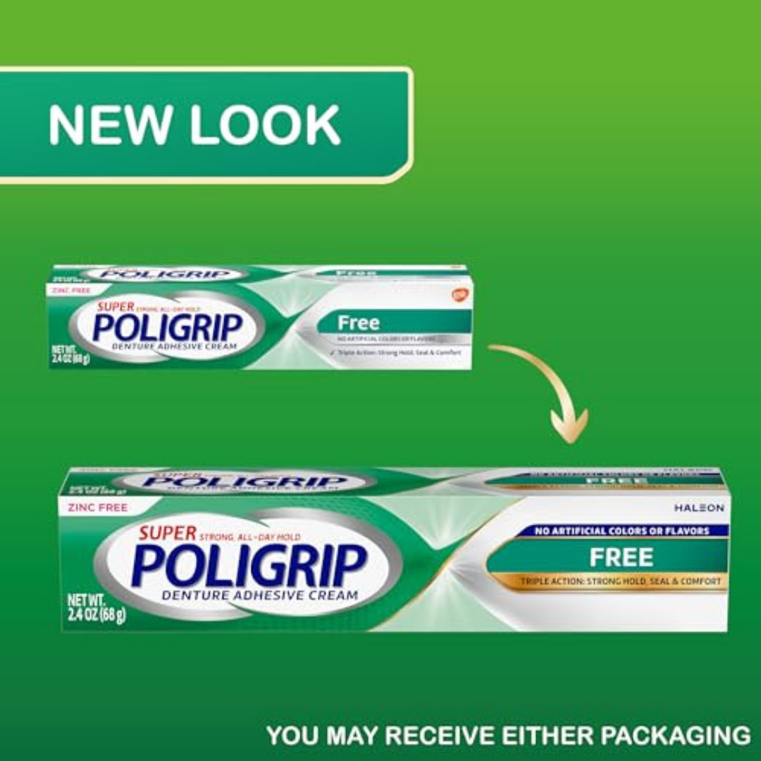 Super Poligrip Zinc Free Denture & Partials Adhesive Cream, 2.4 ounce Pack of 4