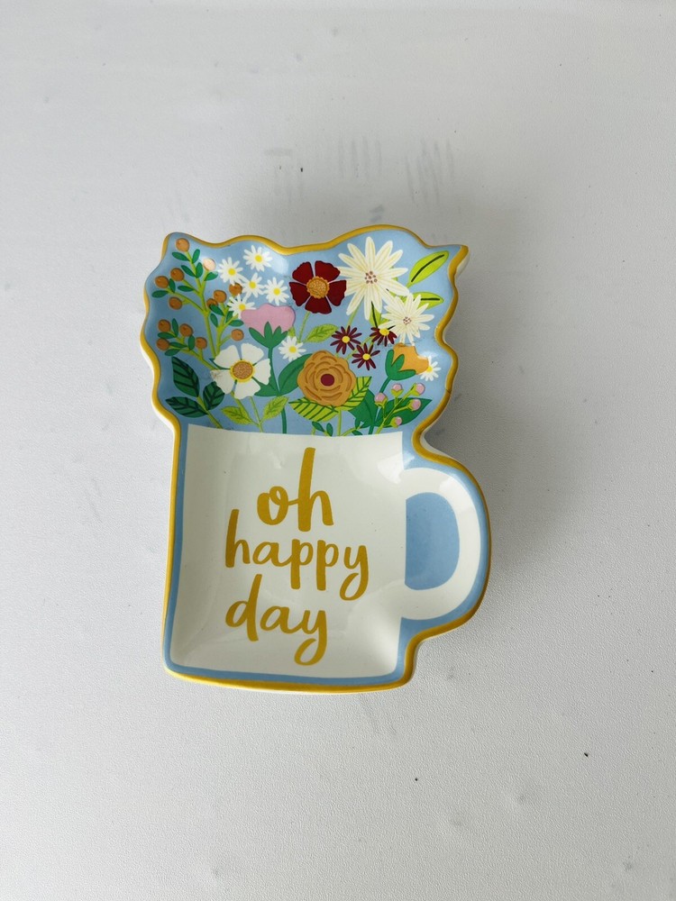 4pcs Ceramic iDesign Rectangular Trinket Dishes - 'Oh Happy Day' Cup, 3.5x2.5"