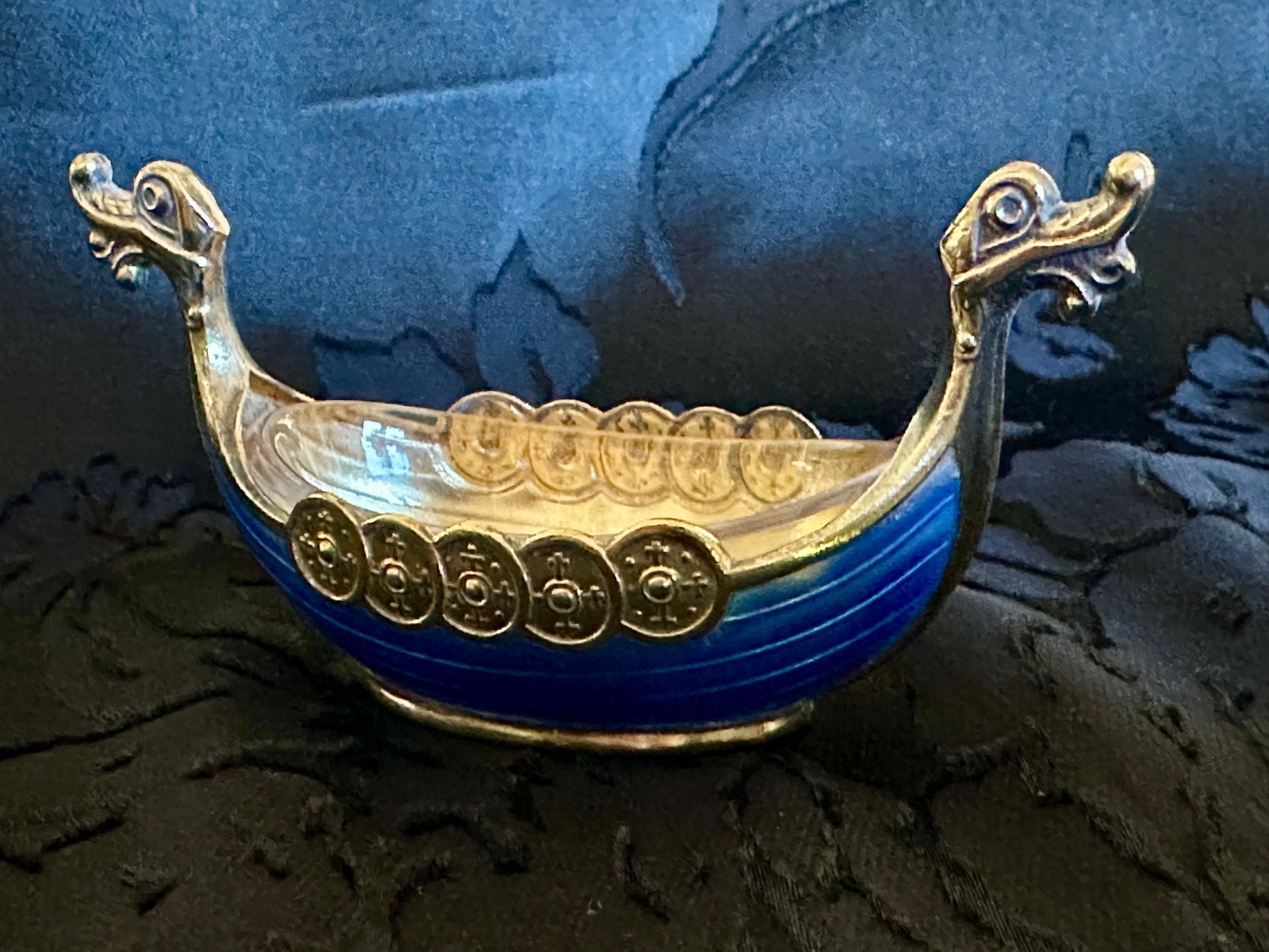 Theodore Olsen Norway Gilt Sterling Silver Blue Guilloche Viking Ship Salt