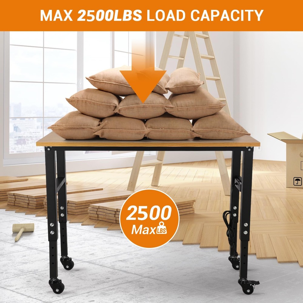 Adjustable Height Workbench 48"x 24" Work Bench Table w/ Power Outlets & Wheels