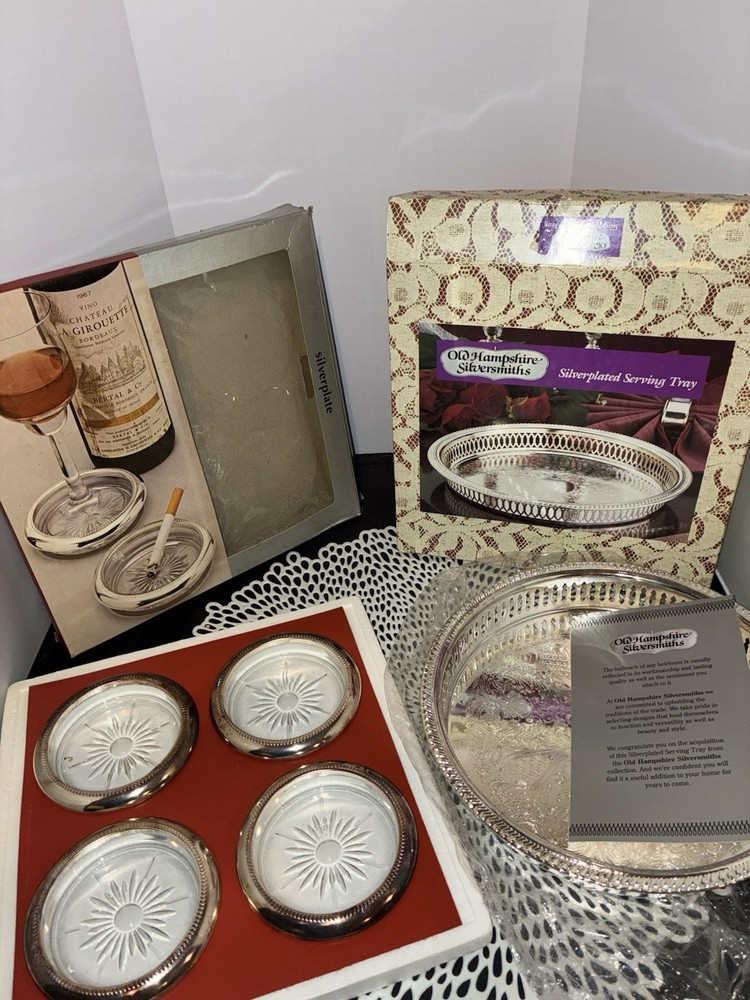 Old Hampshire Silversmiths Silverplated Bowl 4 Ashtrays Original Boxes