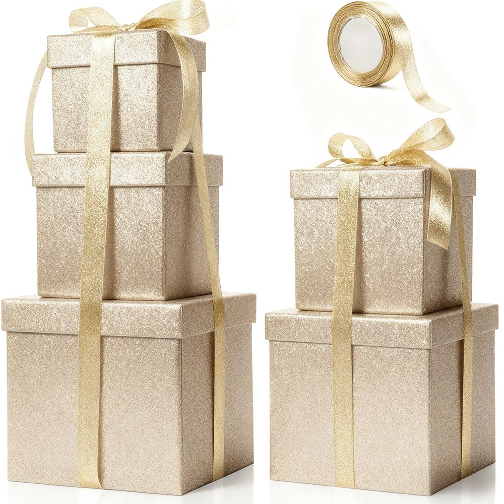 5 Pcs Square Nesting Boxes Decorative Gift Boxes with Lid and Ribbon Assorted...