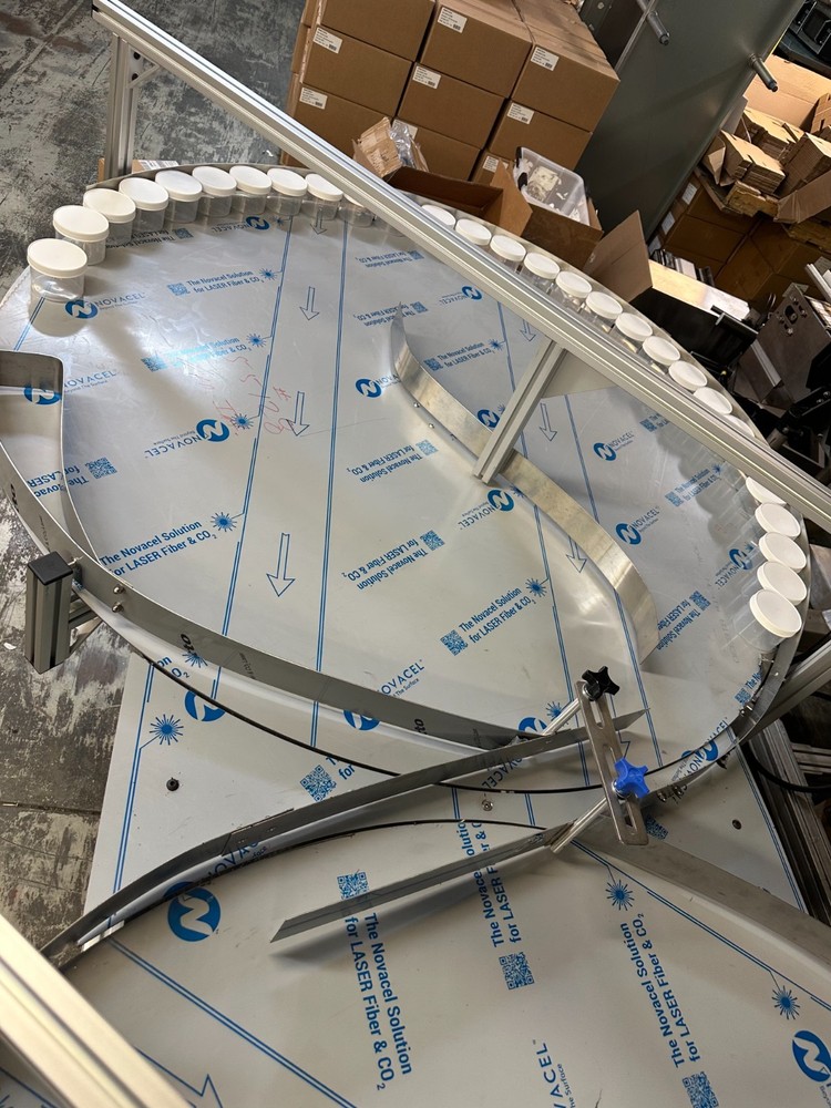 Dual 60" Stainless Rotary Accumulation Buffer Table Packaging Conveyor Labeling