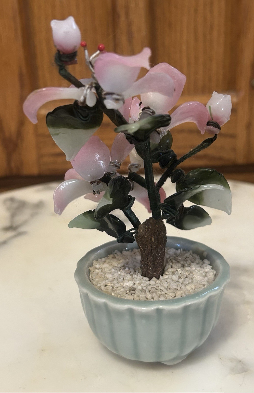 VTG Chinese Jade Glass Leaves Pink Cherry Flowers Bonsai Tree Green Celadon Pot