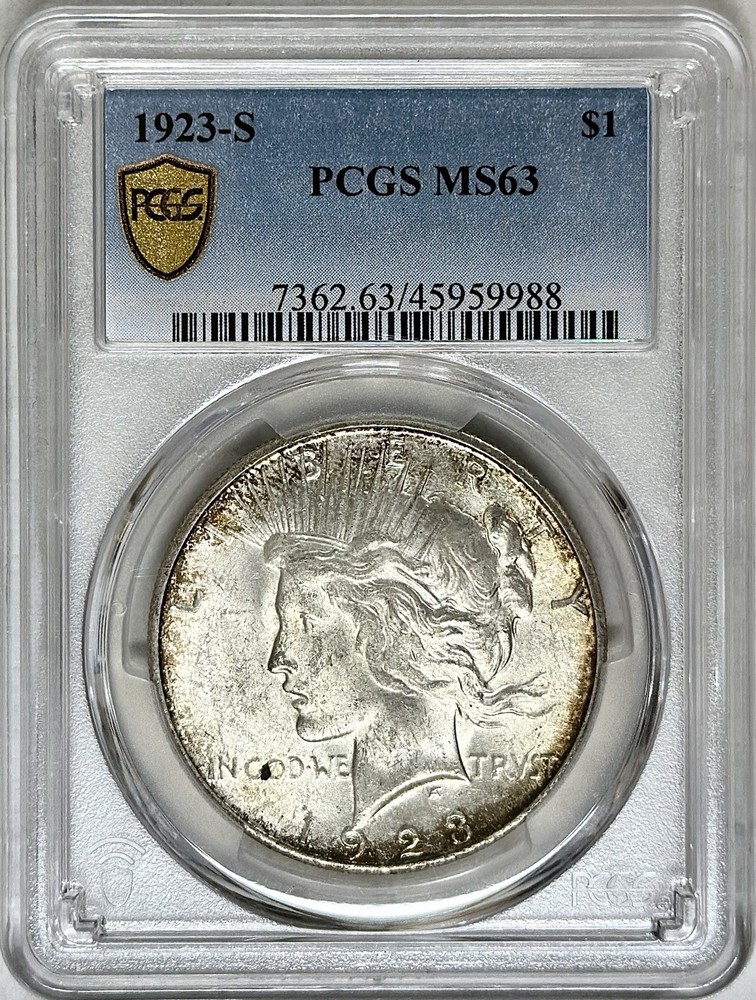 1923 S PEACE DOLLAR PCGS MS63 GOLD SHIELD LABEL