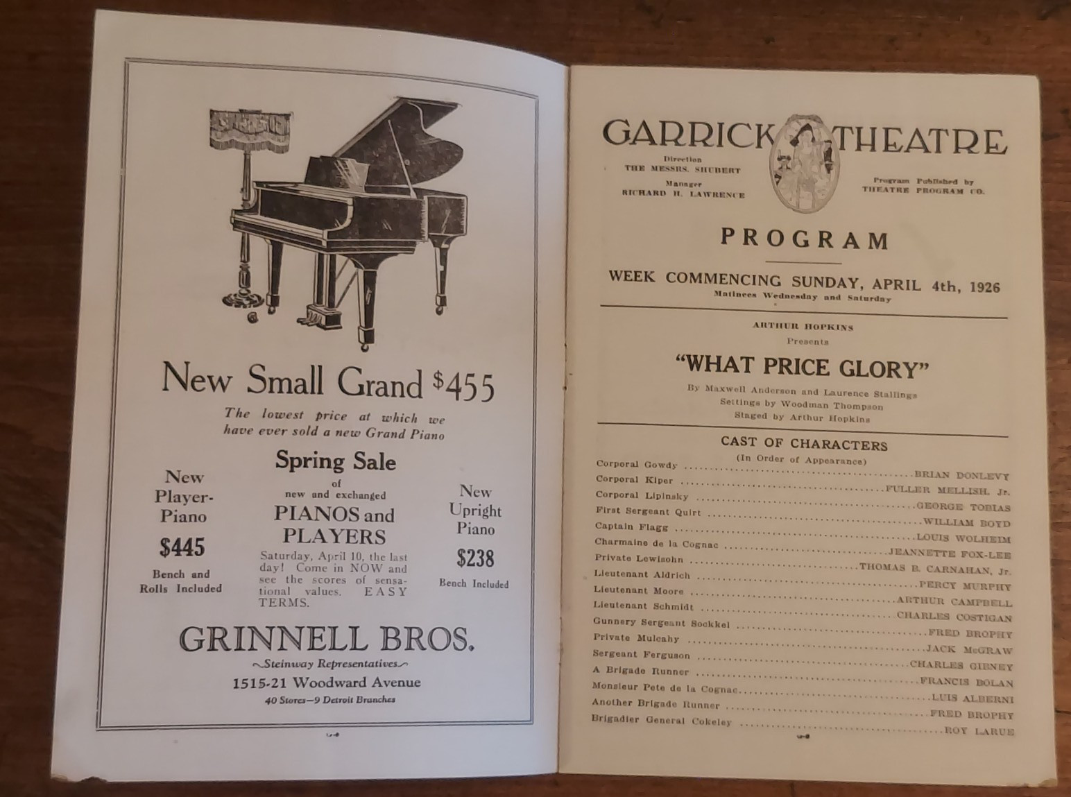 Vintage Garrick Shubert Theater Detroit 1926 Schedule Program w/ Advertising