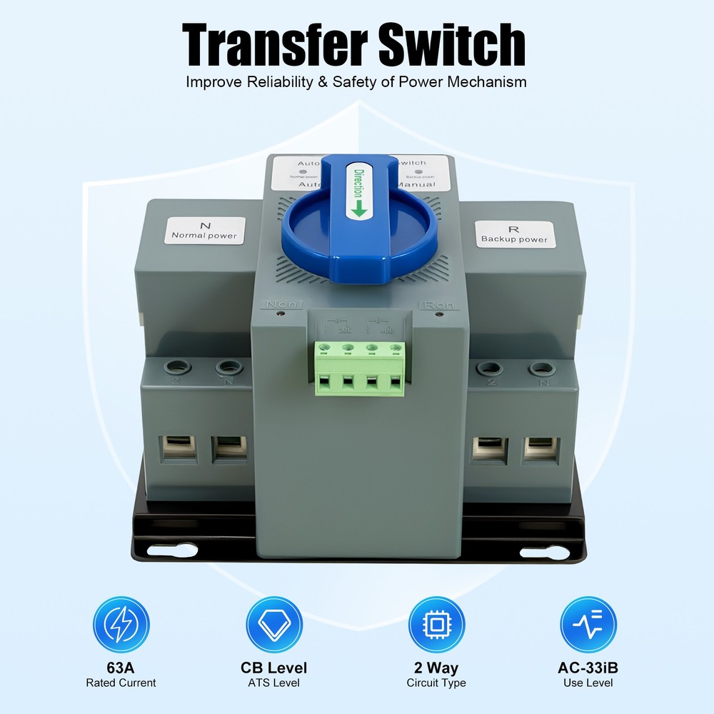 2P 63A Dual Power Automatic Transfer Switch For Generator Backup Power Supply