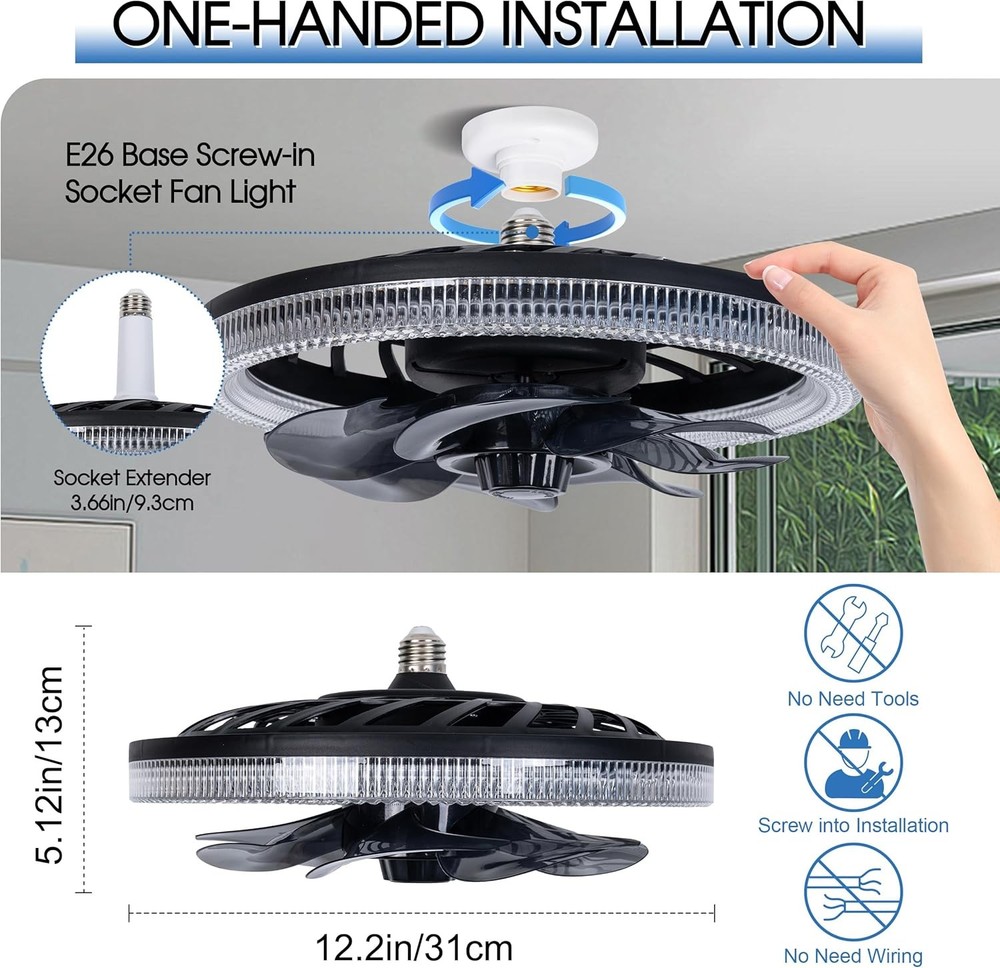 Socket Ceiling Fan Light,Bulb with Remote,Dimmable E26 Base Black