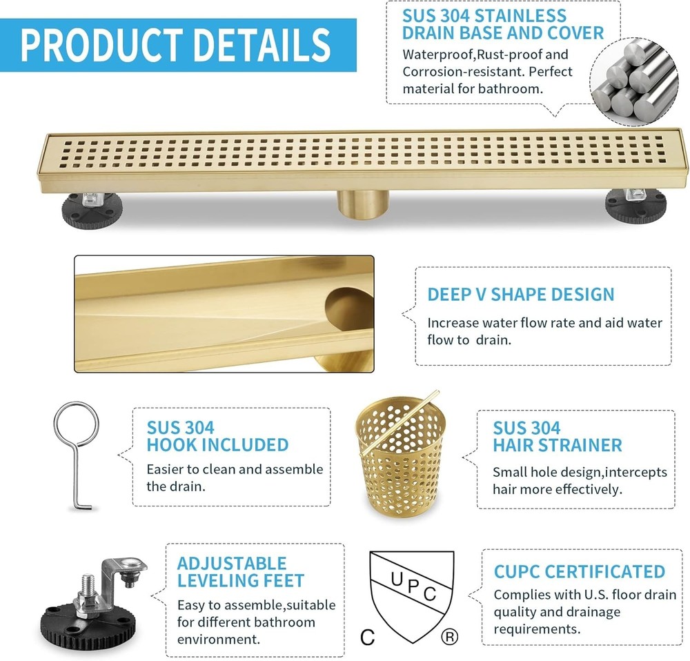 Linear Shower Drain 36 Inch Rectangular, Brushed Gold Shower Drain (1112)