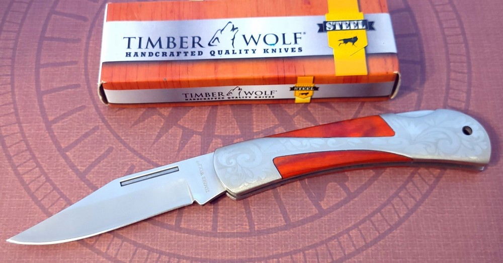 TIMBER WOLF Knife Lockback Scroll Worked Handle W/Wood Inlay NOS