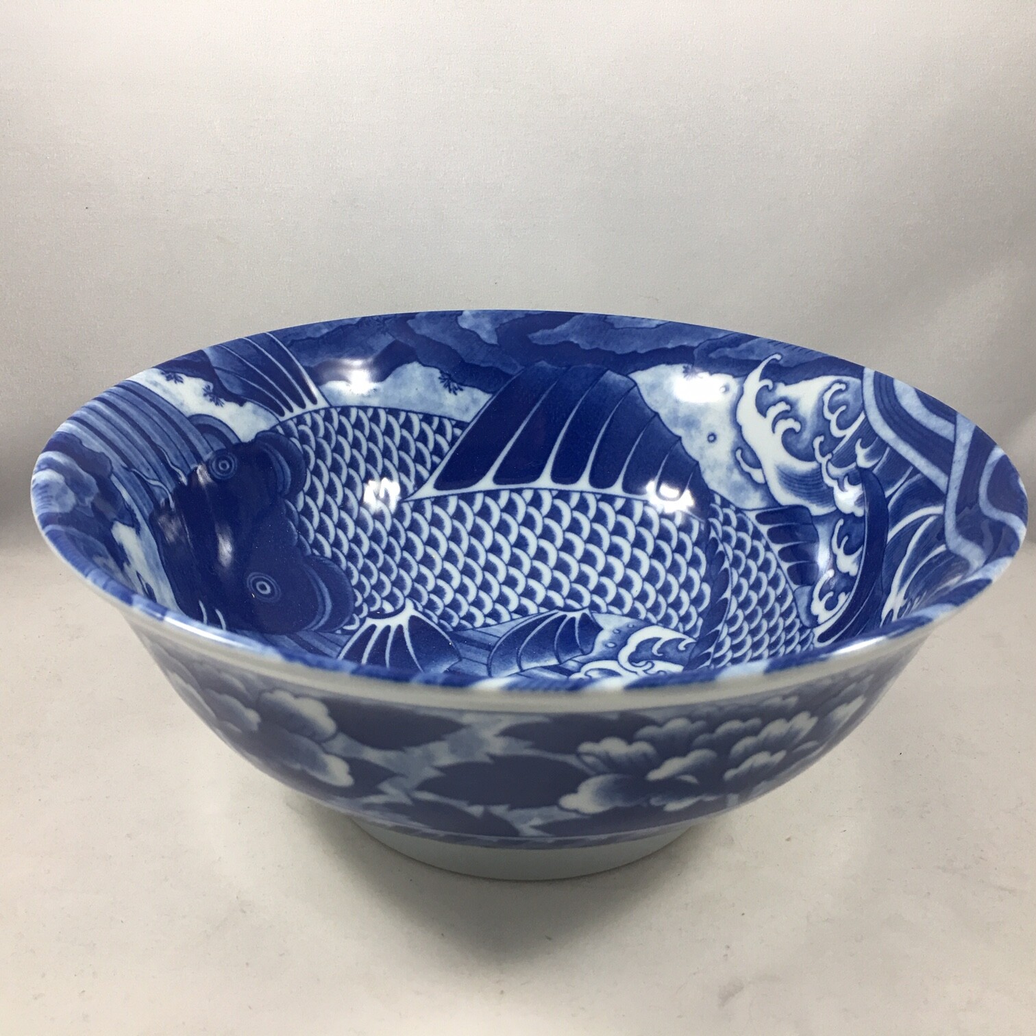 SET of 2 Japanese Ramen Soup Rice Bowl 8"D Porcelain Blue Koi Carp Made in Japan