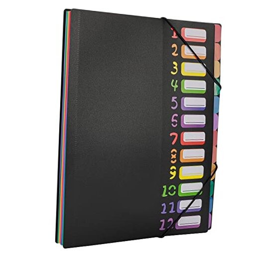 Rainbow Tab Expanding File Folder - 24 Pockets, Durable A4 Black - 24 Pockets