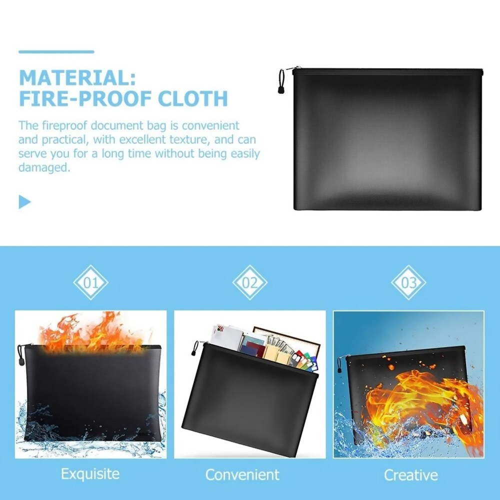 Black Fireproof Waterproof Document Bags Envelope File Folder Cash Pouch