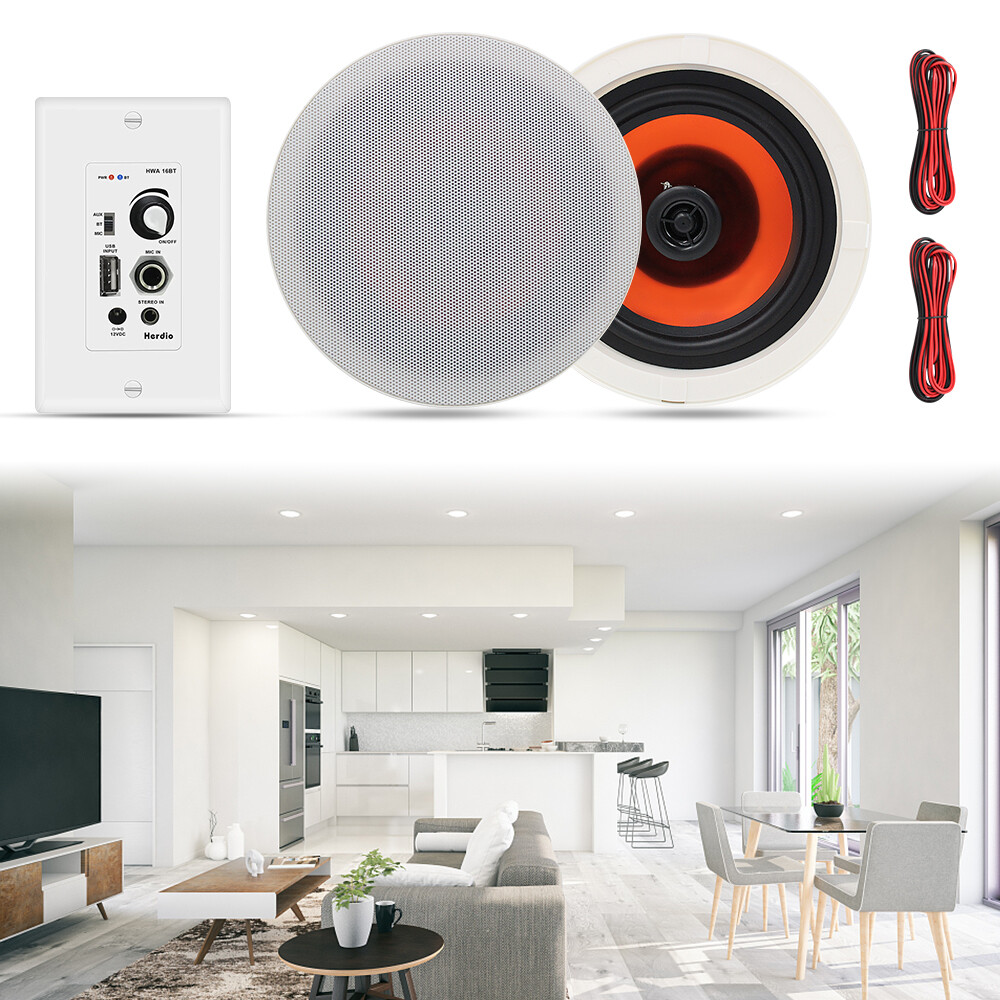 Herdio 2*6.5" Flush Mount Ceiling Stereo Speakers w/ Bluetooth Amplifier
