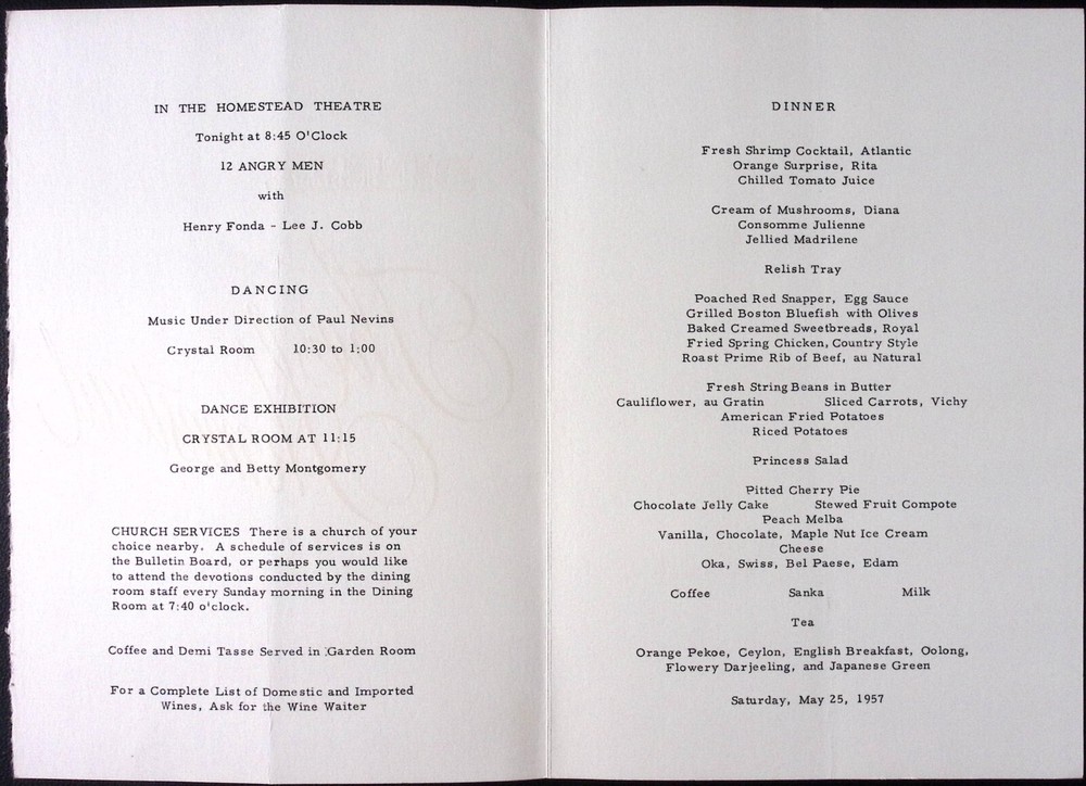 1957 The Homestead Hot Spring VA Dinner Menu Events Program 7 x 10"
