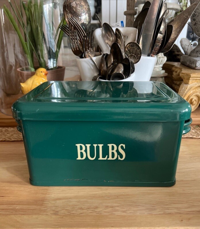 Green Enamelware Container Marked “Bulbs” Spring