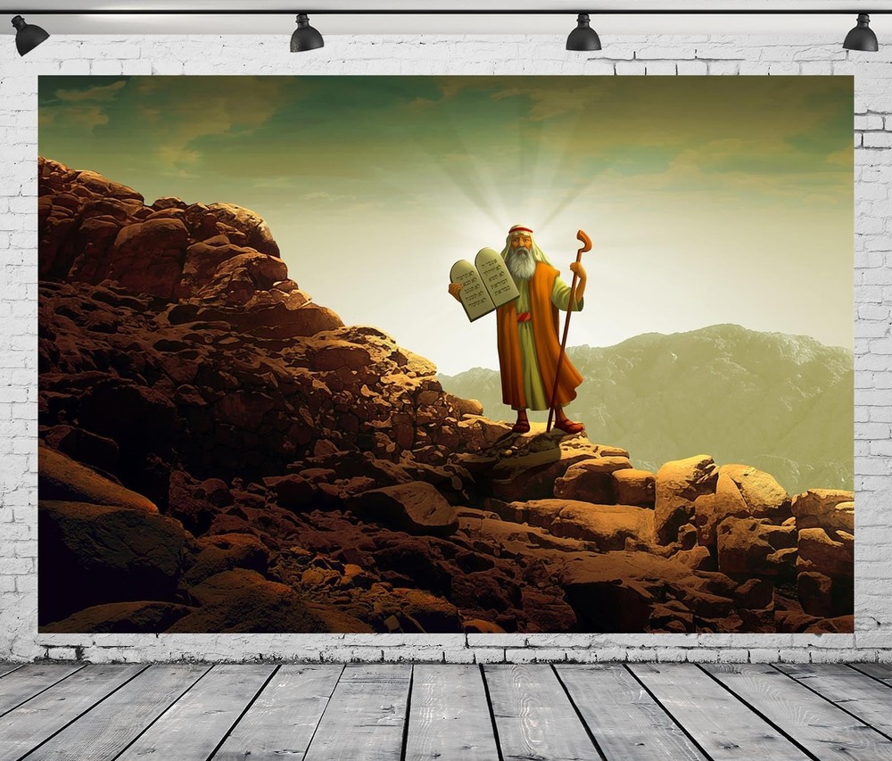 7x5ft Fabric Moses Backdrop Moses Holding Ten Commandments Tablets on Mount S...