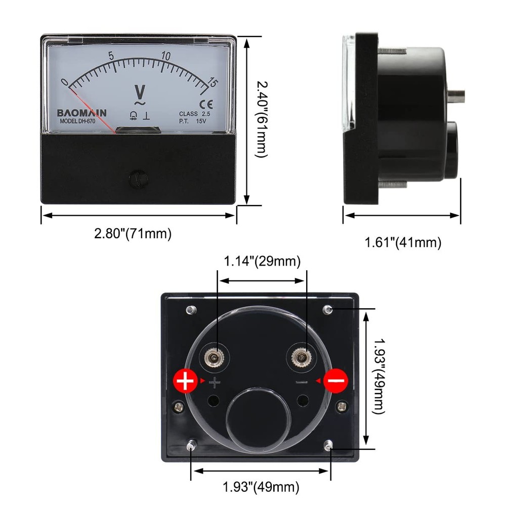 Baomain Voltmeter DH-670 AC 0-15V Rectangular Class 2.5 Analog Panel black