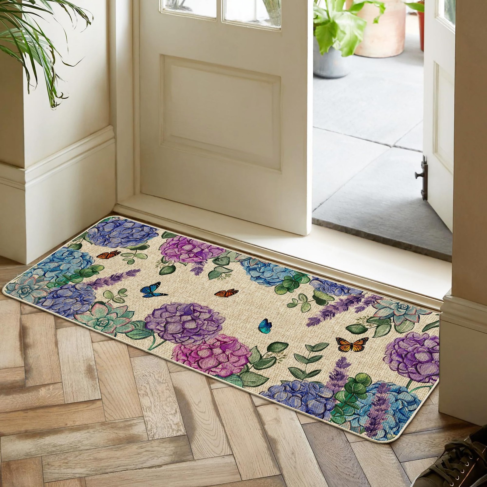 Best Spring Kitchen Rug and Mat Set of 2 Hydrangea Flowers Floor Non Slip Rubber