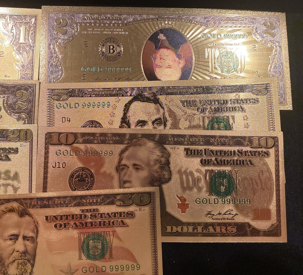 7 Pc Gold Foil Novelty Banknote Bills – Including Error Note – Great Gift!