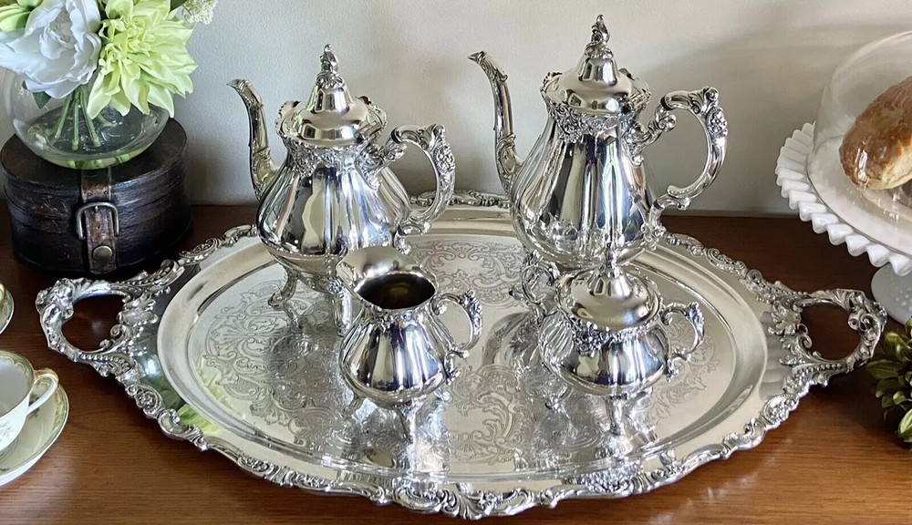WALLACE BAROQUE Silverplate Tea Coffee Set and LARGE tray