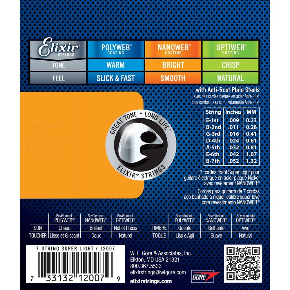 Elixir 12007 Nanoweb Coating Electric Guitar Strings 7-String Super Light (9-52)