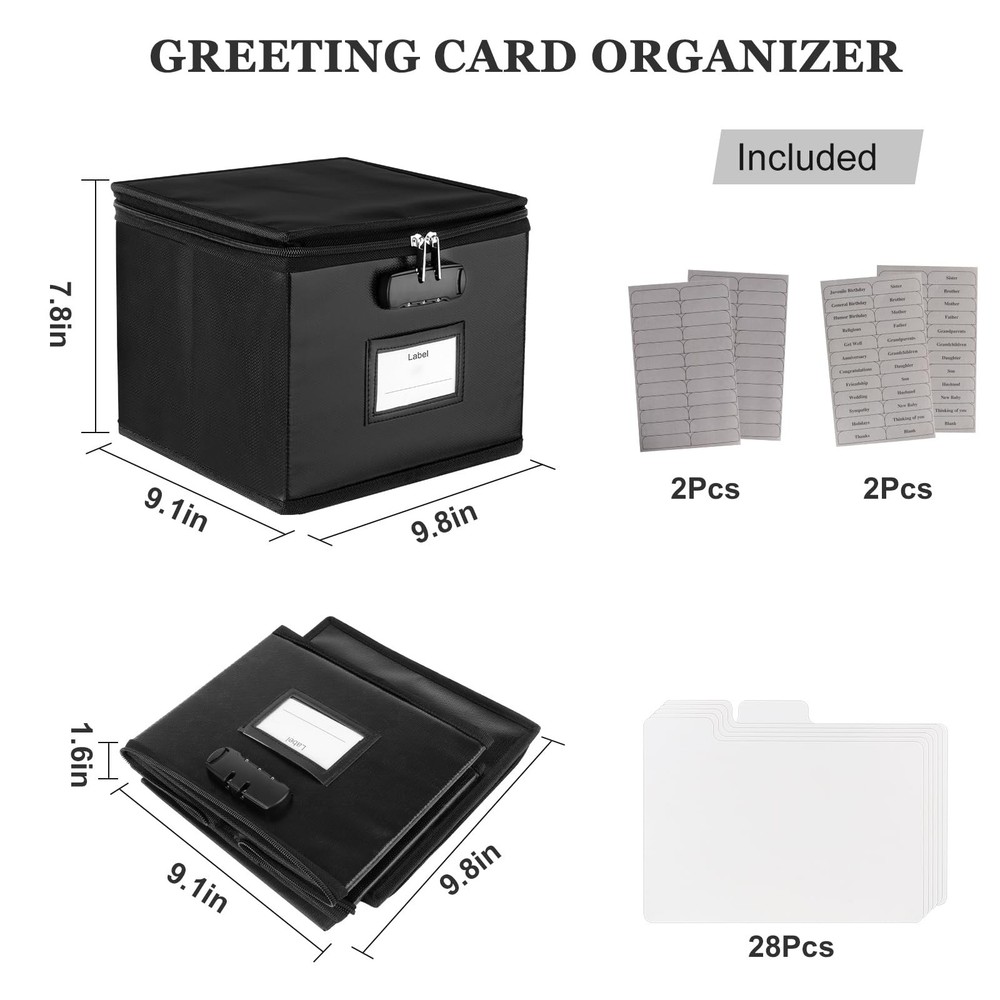 Fireproof Greeting Card Organizer with Lock,Collapsible Storage Box Holds 150...
