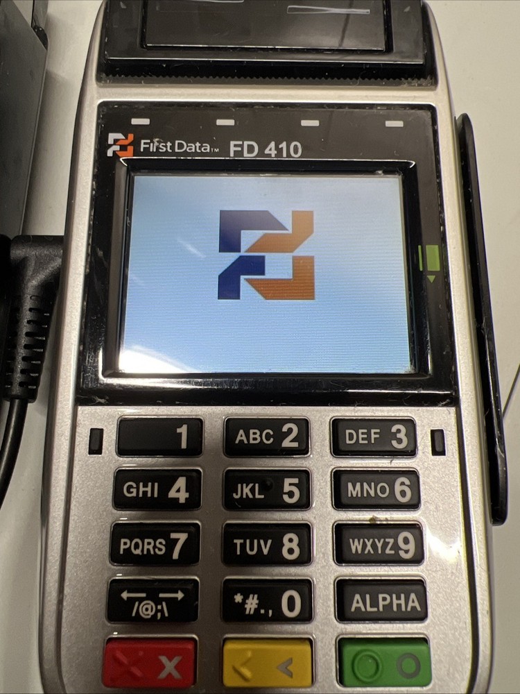 Two First Data FD 410 Wireless Credit Card Terminals - One power adapter