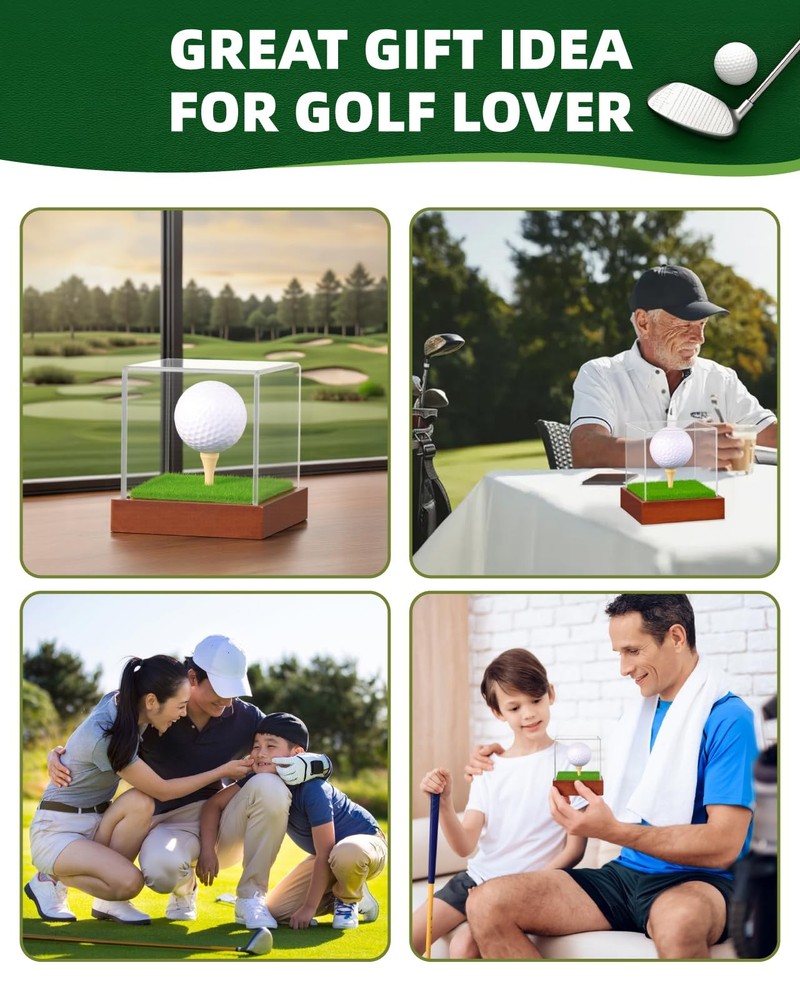 Golf Ball Display Case - Clear Acrylic Cube with Solid Wood Base & Tee, Anti-...