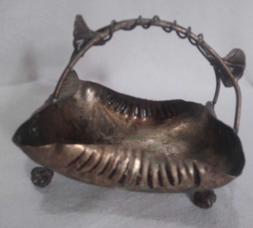 Silver Plated Footed Rectangular Metal Candy Dish 'basket' w/ Floral Handle '40s