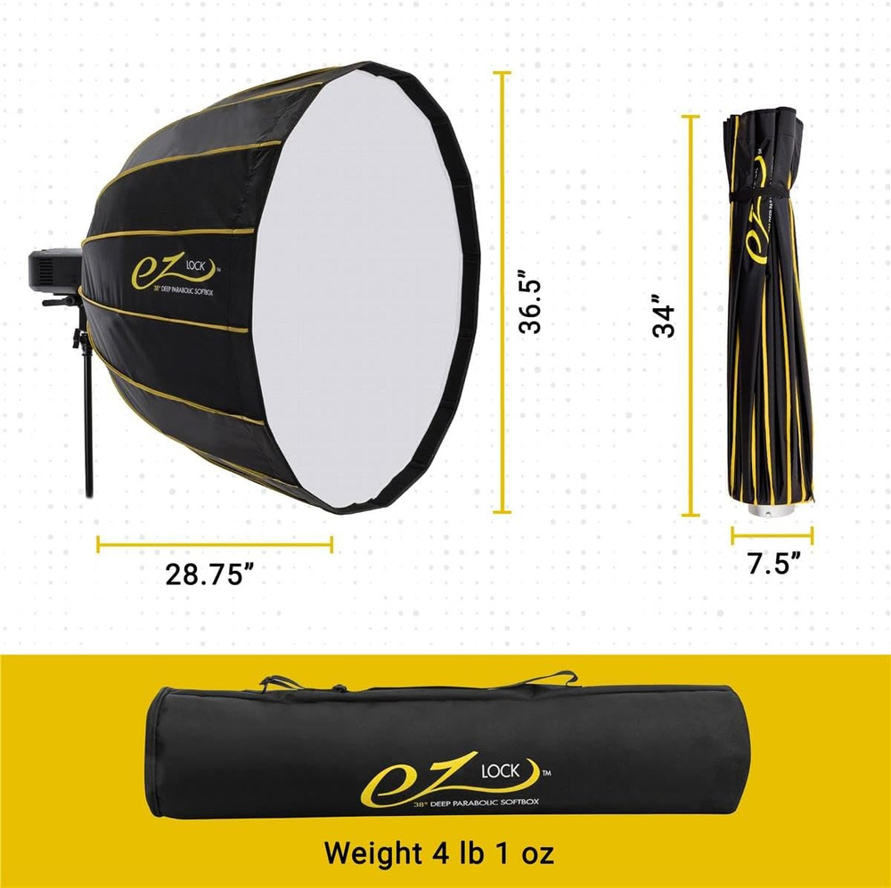 EZ Lock 38" Deep Parabolic Quick Softbox, 16-Sided Parabolic Softbox Opens up an