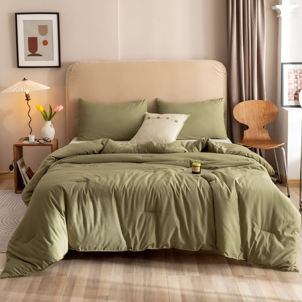 Queen Comforter Set Olive Green, 3pcs Bedding Sets Queen (1 Boho Olive Comfor...