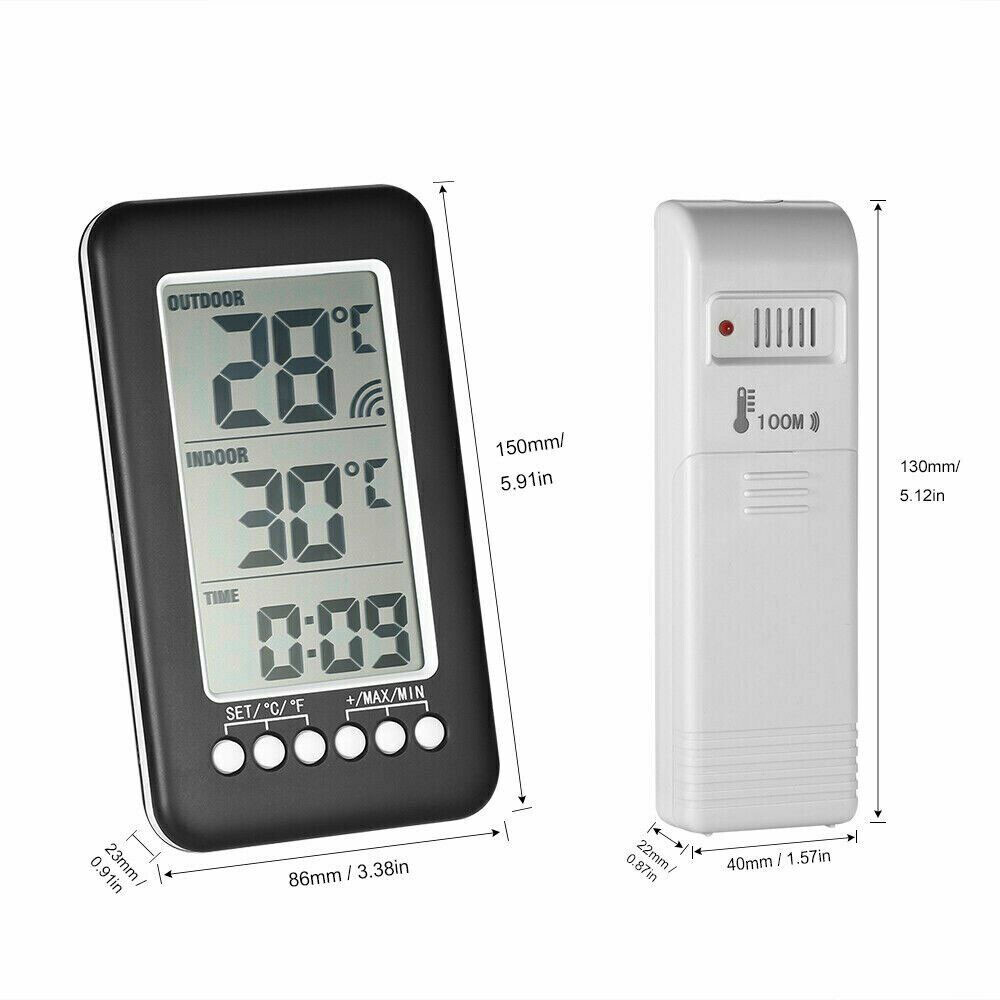 Indoor/Outdoor Digital Thermometer Clock Temperature Wireless Transmitter Meter