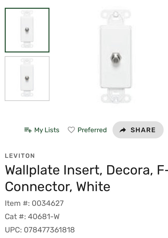 Leviton 40681-W F Connector Decora Insert, White 10 Pack