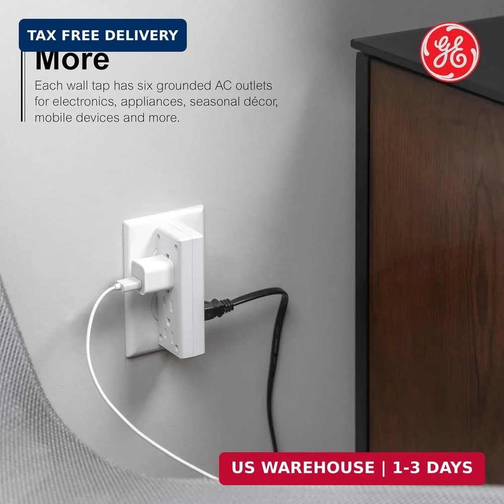 GE 6 Outlet Side Entry Power Tap, Side Access Adapter, UL Listed, White, 54543