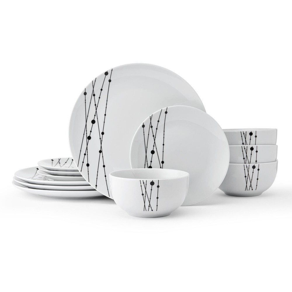 Linear Symphony White Dinnerware Set 12 Piece Porcelain Kitchen Set
