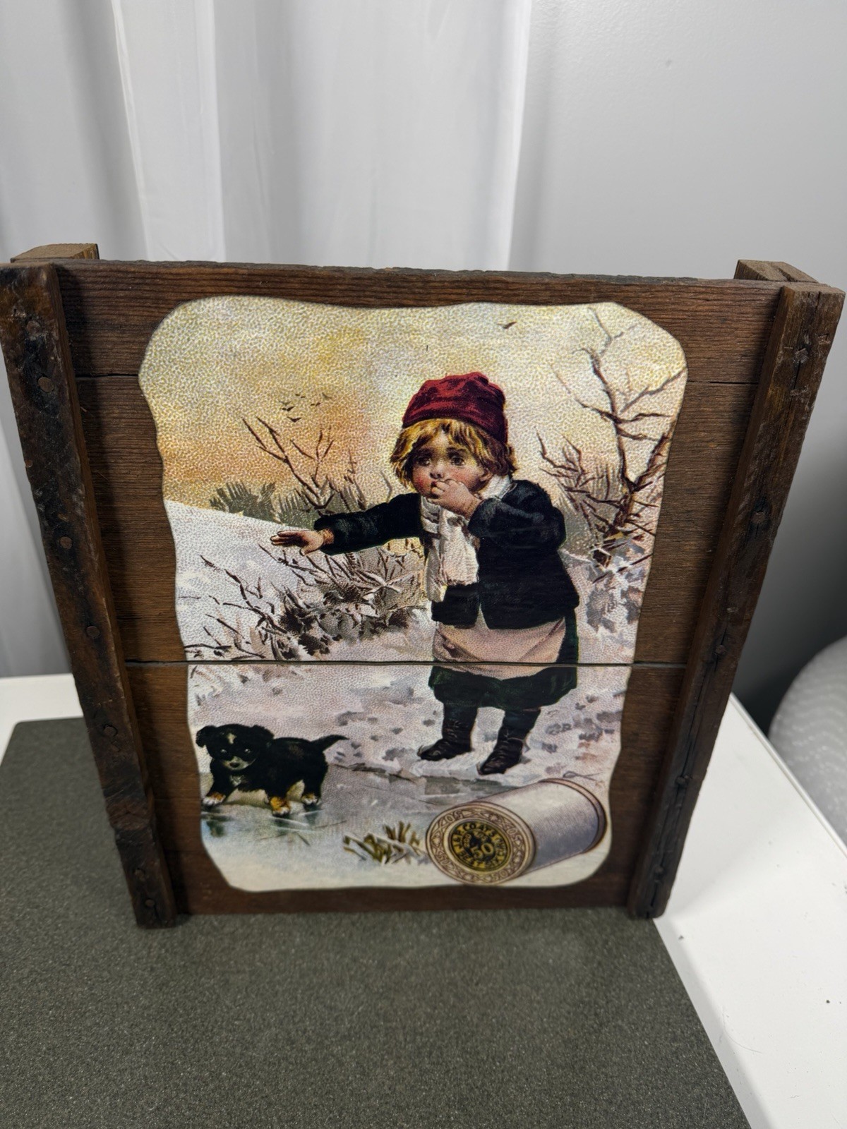 J&P Coats Vintage Print Ad Wood Slat Sign 13.5" x 12"