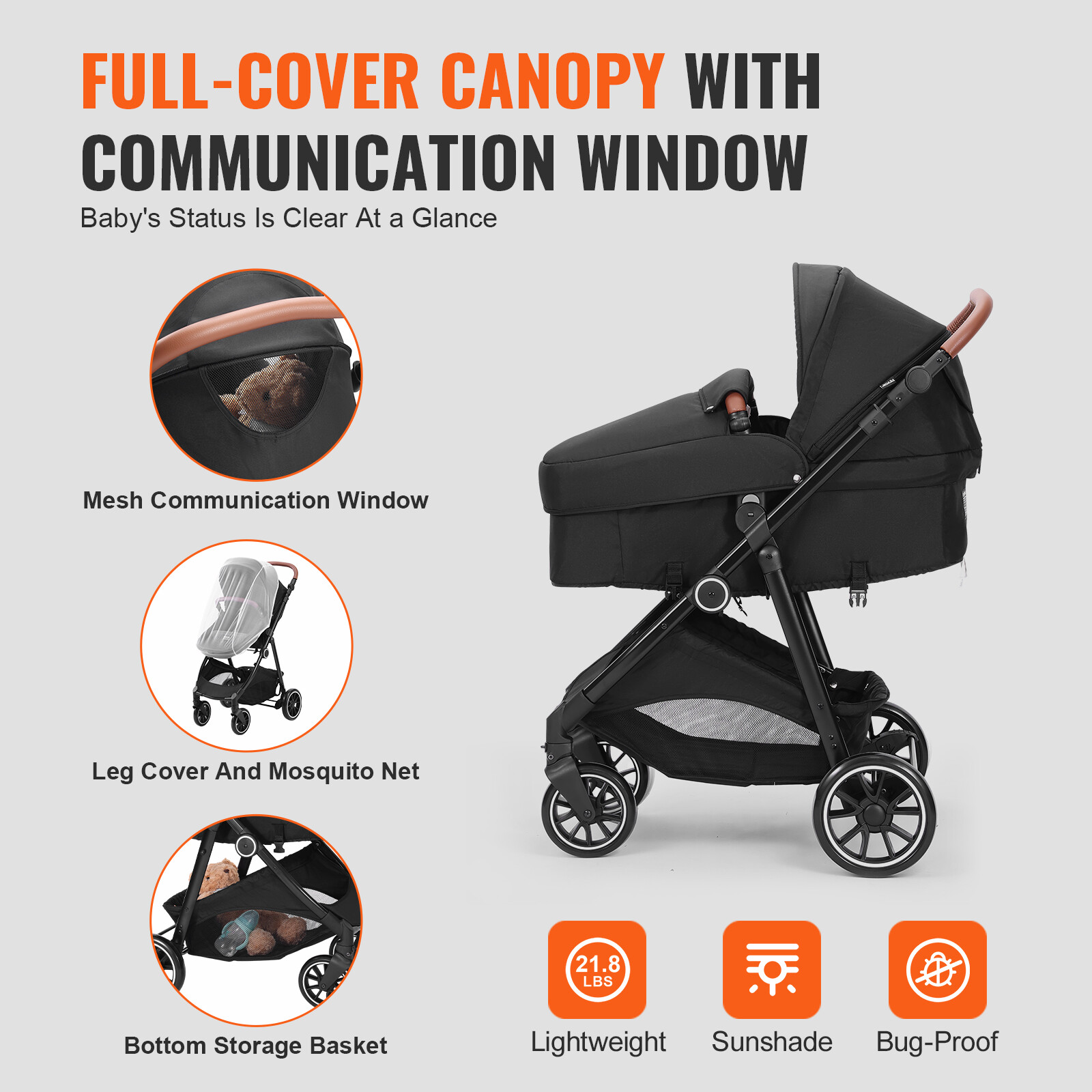 VEVOR Convertible Baby Infant Stroller Foldable Pushchair with Bassinet Black