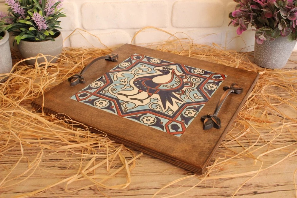 HANDMADE UNIQUE TILE PAINTED WOODEN SERVING TRAY WITH HANDLES – BOHO DECOR