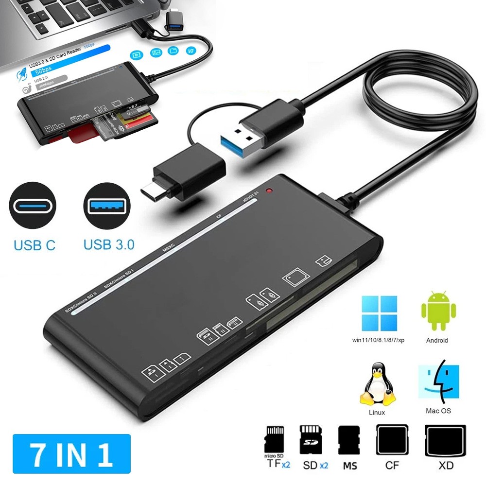 USB 3.0 Memory Card Reader, 7 in 1 Adapter Hub, for SD, CF, TF, Micro SD, XD, MS