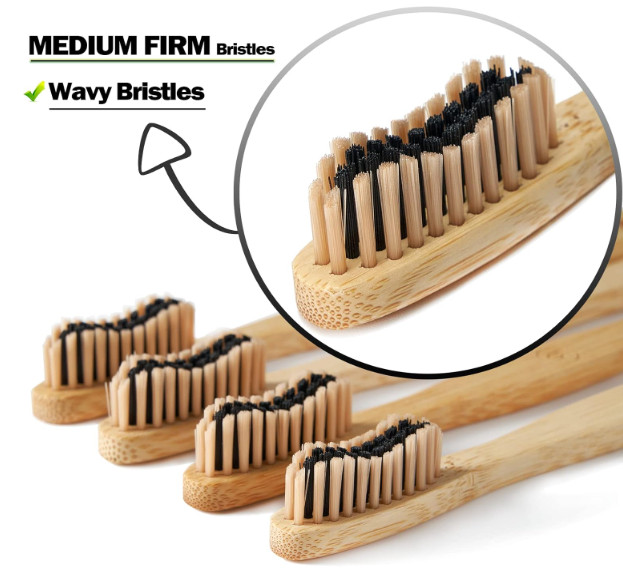 Bamboo Toothbrushes 10 Pack Biodegradable Soft Medium Charcoal Bristles