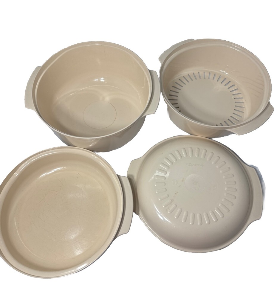 Vintage 4 Piece Tupperware Microwave Stackable Cooker Steamer almond