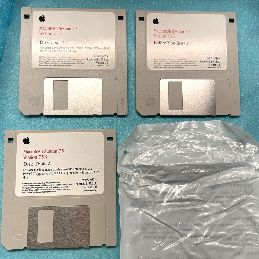 1996 Macintosh System Software 7.5 Version 7.5.3 Floppy Disks 20 Sealed, 20 Used