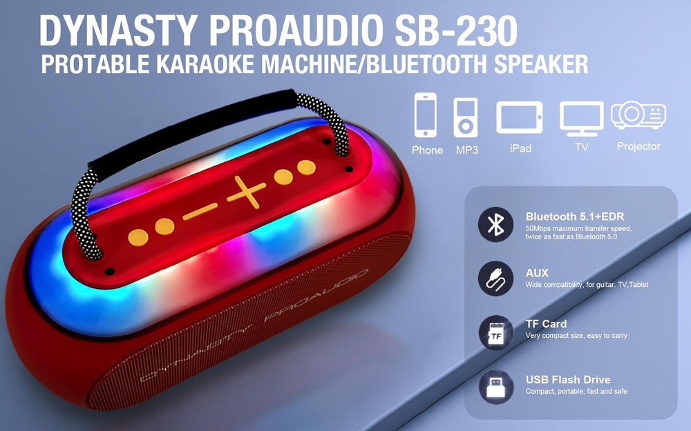 SB-230 Portable Bluetooth Speaker/Karaoke Machine with Two Wireless Microphon...