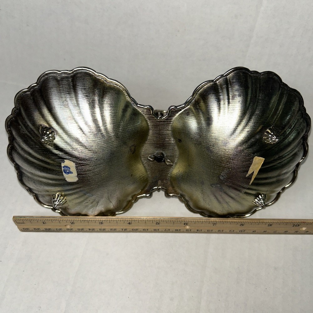 Vintage Silvertone Double Clamshell Serving dish Unpolished FLAWED, Damaged