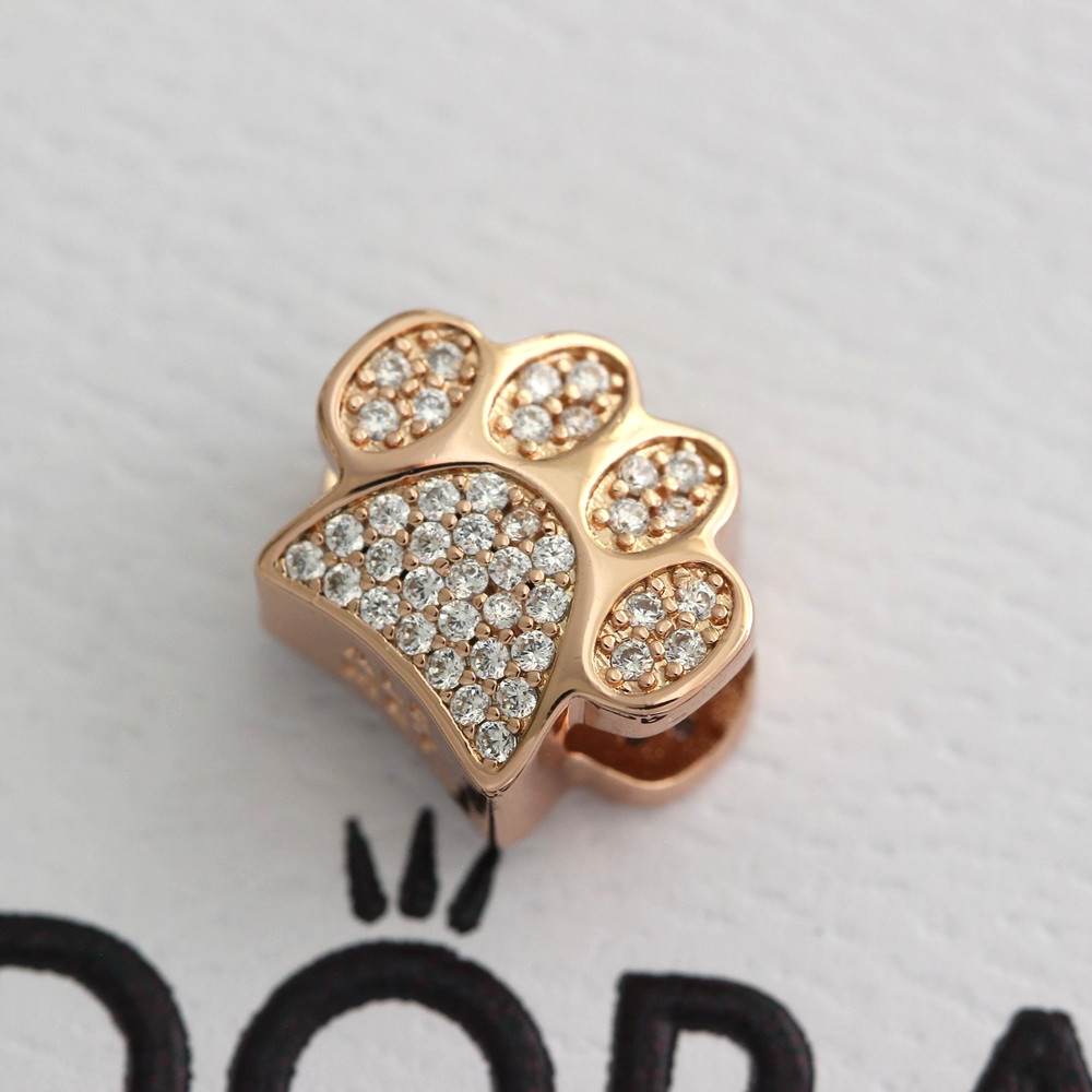 Authentic Pandora Rose Gold Plated Cz Paw Charm Dog Cat Bead