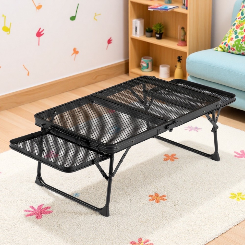 3ft Folding Camping Wire Mesh Table - Side Wings Adjustable Aluminum Frame Black