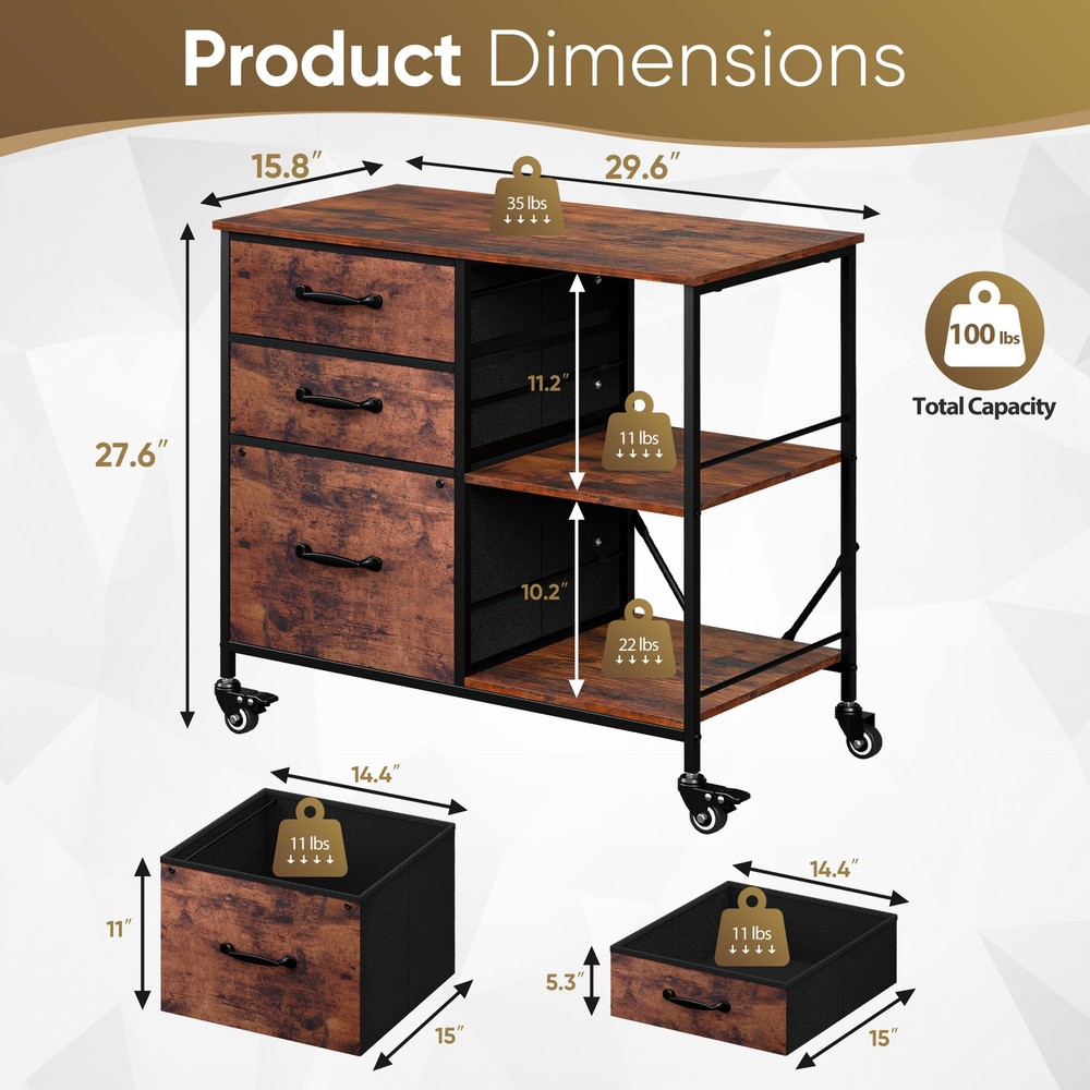 Rustic Brown File Cabinets Rolling Mobile Printer Stand with Storage 3 Drawers