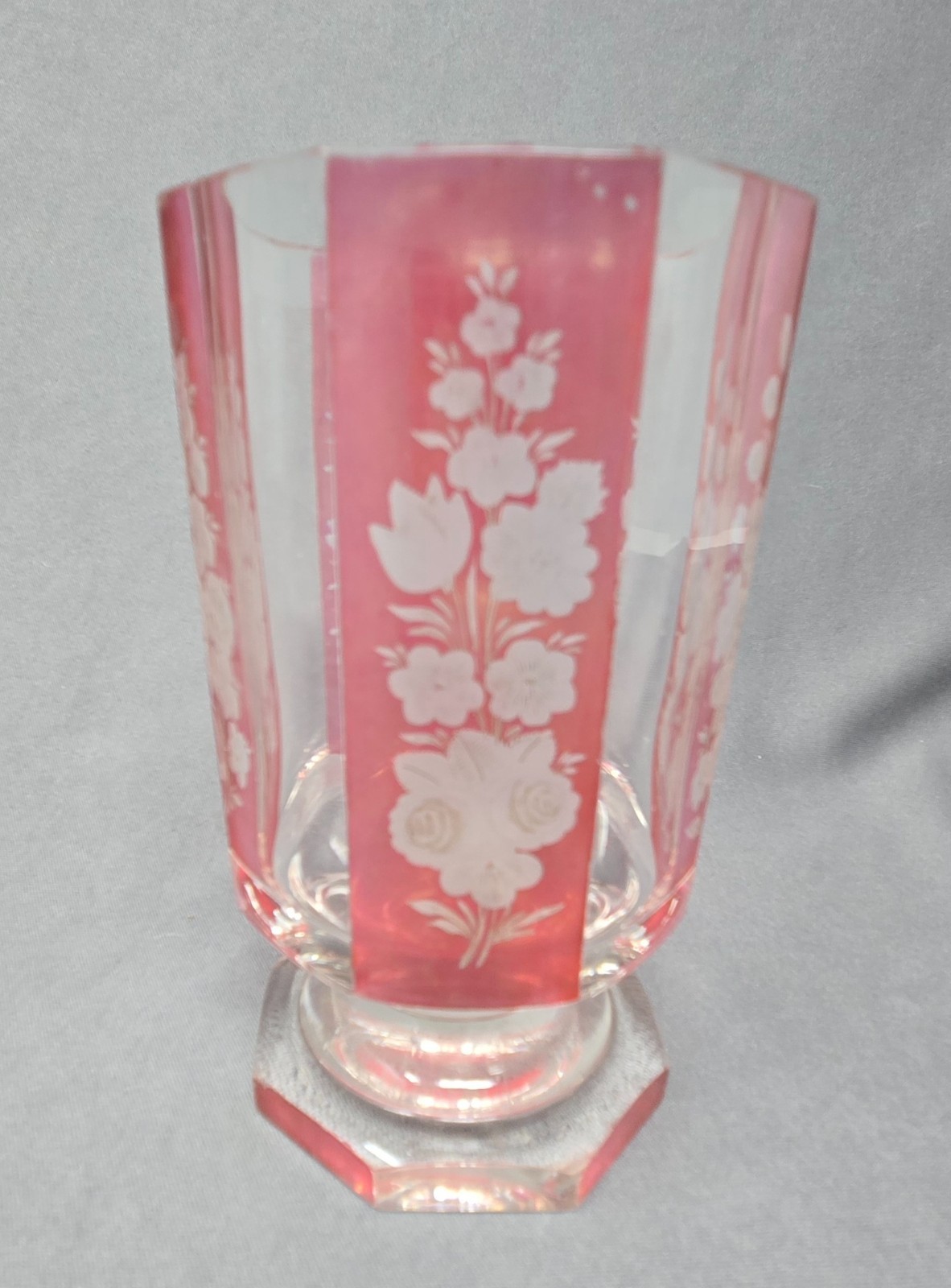 Bohemian Red Flashed Floral Etched Ale Glass