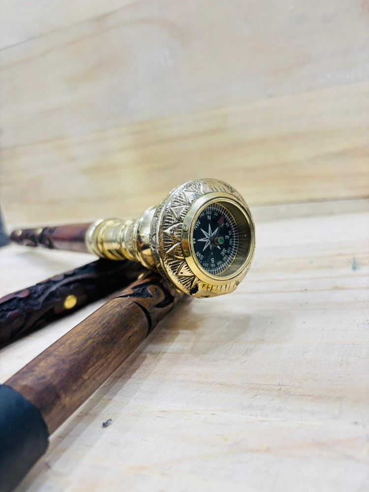 Nautical Brass Victorian CompassHandle With Three Fold Elegant StyleWalkingStick
